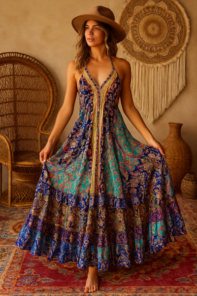 Madame Lucid Rengarenk Yaldızlı Hint İpeği Bohem Elbiseler Büyük Bedene Uygun