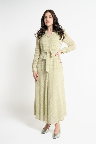 Nichii Long Ribbed Dress with Waist Tie and Seven-Button Long Sleeves