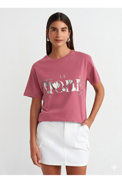 Dilvin 30742 Metallic Print Detailed T-Shirt - Anthracite