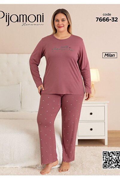 Pijamoni BÜYÜK BEDEN GÜLKURUSU RENKTE KADIN BAMBU PİJAMA TAKIMI