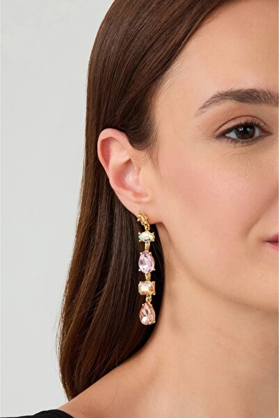 mos&more Pembe Zirkon Taşlı Sallantılı Uzun Abiye Kadın Küpe