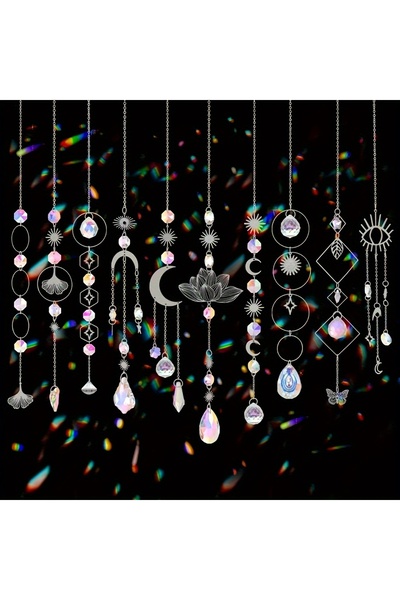 Choice 10 قطع فضية من مصائد الشمس الكريستالية الملونة على شكل لوتس مع سلسلة زينة معلقة من الكريستال