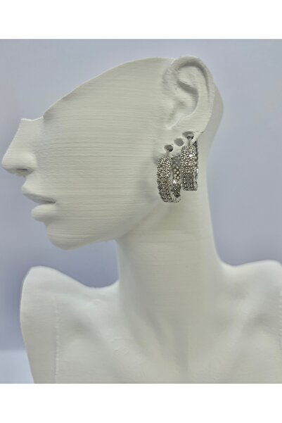 Nilonya Aksesuar Zirkon Taşlı Çift Sıra Halka Küpe