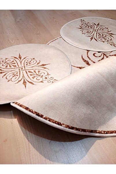 Ardizayn Damask, Cream-Beige, Non-Shedding Cotton Woven Base 3-Piece Round Bathroom Rug (110X110-50X50-50X50Cm)