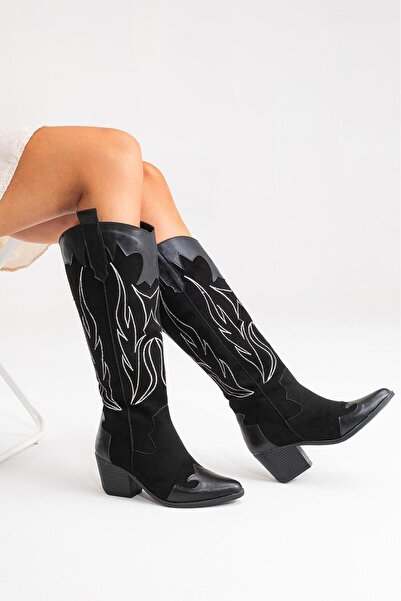 by selvi Lukka Shoes Valeria Kadın Siyah Nakışlı Kovboy Western Dallas Çizme