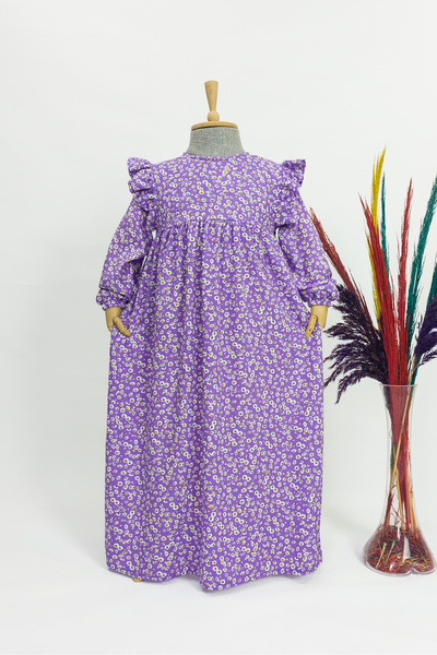 Betül Akbay Kız Çocuk Viskon %100 Pamuk Tesettür Elbise Amine Model Uzun Tam Boy Elbise