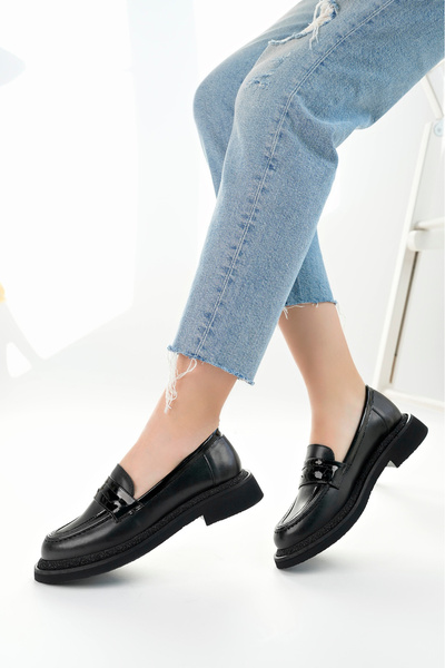 MARSHETTA Velora Model Siyah Cilt Rugan Detaylı Kadın Loafer Günlük Ayakkabı Makosen