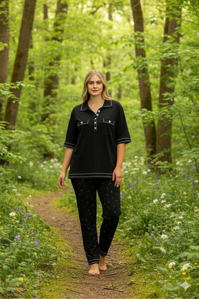 ELETTA özgü giyim butik siyah polo yaka önü patlı düğme detaylı standart bede...