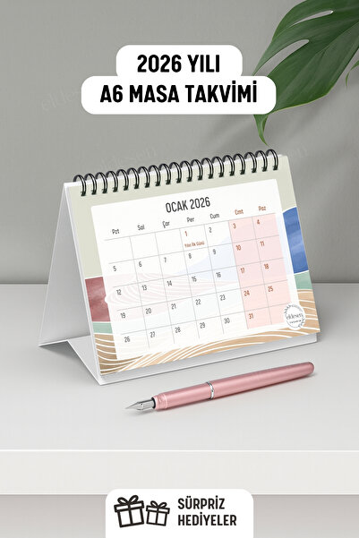 Eldesen Tasarım 2026 Masa Takvimi Spiralli A6 (15x12cm) Orta Boy / Resmi Tatiller ve Hafta Sonları / 12 Aylık