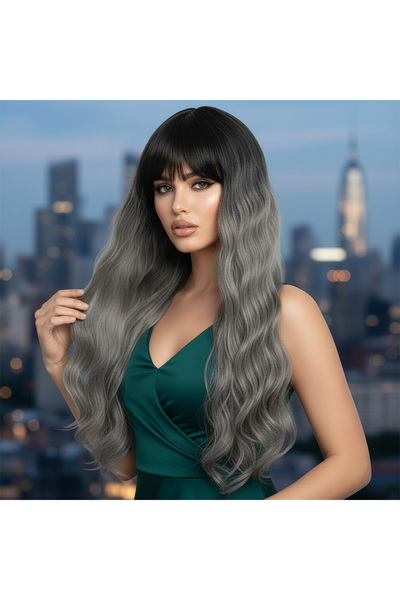 Mina Peruk Kahküllü Uzun Dalgalı Fiber Sentetik Peruk - Siyah Gri Ombreli