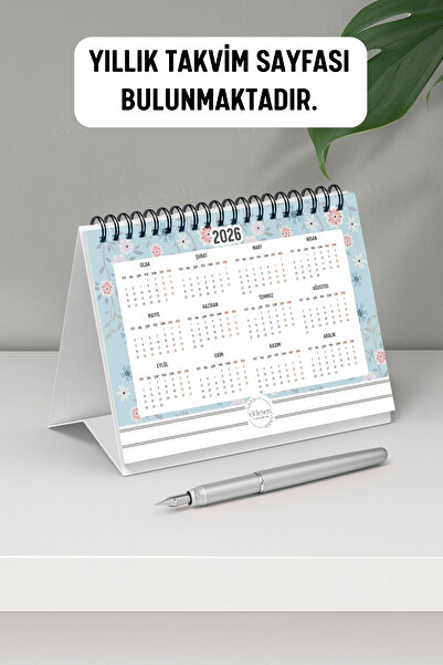 Eldesen Tasarım 2026 Masa Takvimi Spiralli A6 (15x12cm) Orta Boy / Resmi Tatiller ve Hafta Sonları / 12 Aylık