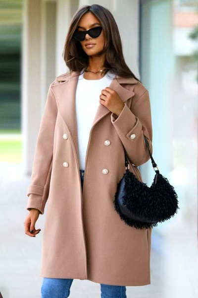 FashionForYou Elegant women's coat Cornelia, with gold cufflinks and cord, Beige