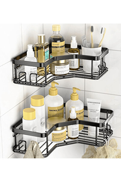 G-Merc Raft de Dus G-Merc®, Etajera Colt Baie, Otel Inoxidabil, 2 Cutii, 4 Carlige, 4 Adezivi, Negru Mat