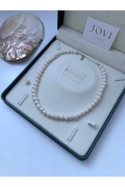 JOVİ ATELİER 925 Ayar Gümüş Doğal 8mm İnci Kolye - 40 cm 7 cm Uzatma