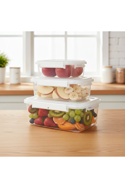 Concept Home مجموعة من 3 قطع من حاويات تخزين الطعام مستطيلة الشكل شفافة/بيضاء