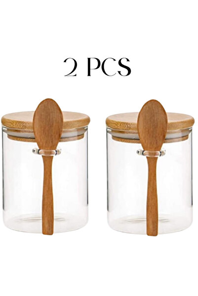 package home طقم 2 برطمانات زجاجية شفافة بغطاء خيزران محكم مع ملاعق خشبية – سعة 5000 مل – لتخزين وتنظيم المطبخ