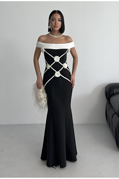 ALFUDO Moda Collection فستان سهرة مزين بالزهور من إليزا فستان أسود