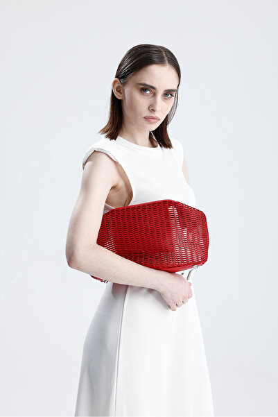 HEYBE'S Heybes Kadın Kırmızı Petek Desenli Şeffaf Clutch El Çantası
