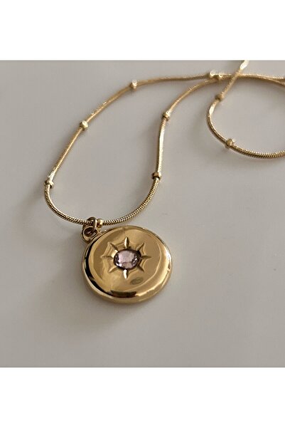 Butik قلادة نسائية بتصميم دائري مزينة بحجر وردي على شكل شمس، سلسلة 45+5 سم من...
