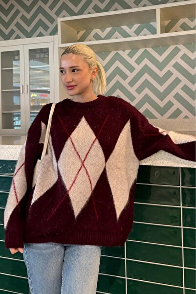 ELBA STİL Burgundy Crew Neck Geometric Pattern Women's Sweater