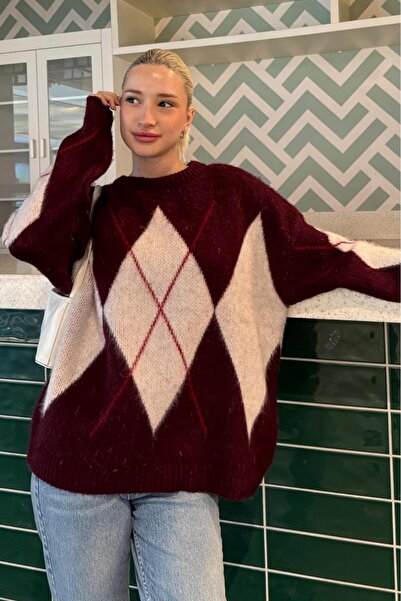ELBA STİL Burgundy Crew Neck Geometric Pattern Women's Sweater