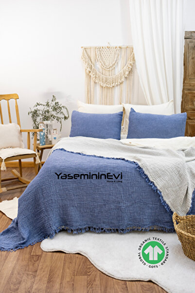 YASEMİNİNEVİ Indigo - Ekru Tek Kişilik 4 Kat Müslin 100% Pamuk Pike/yatak Örtüsü