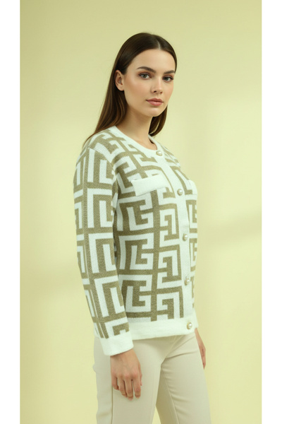 Digz fashion Cream Patterned Pearl Buttoned Knitwear Cardigan