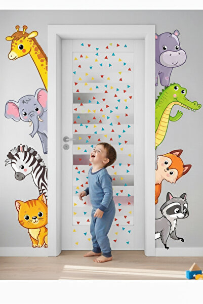 KT Decor Cute Animals and Colorful Triangles Door, Cabinet and Wall Sticker Set
