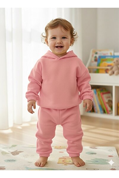 Pembe Bebek Çocuk 3 Üç Iplik Şardonlu Kapişonlu Eşofman Takımı