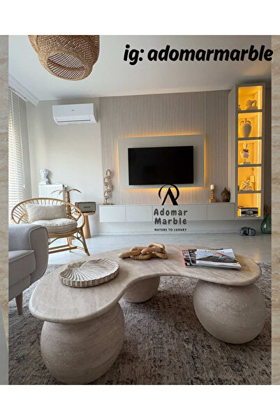 adomarmarblehandmadeandluxury 35 çap Traverten Orta Sehpa, 3 Top Orta Sehpa, Özel Ölçü, Fasulye Orta Sehpa, %100 mermer