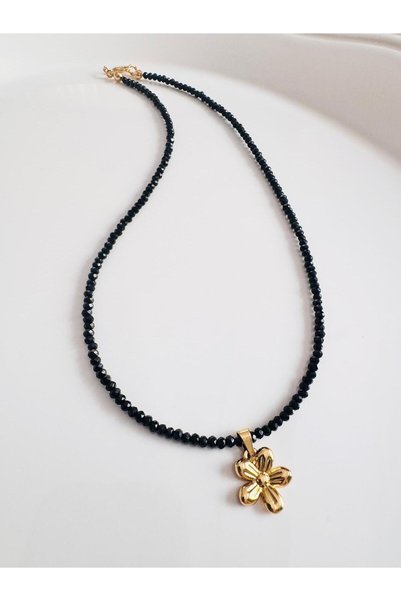 DEVİ fashion Steel Daisy Tip Black Necklace 45 cm