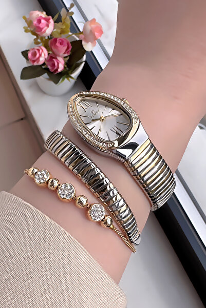 Homies ساعة يد نسائية بعلبة خاصة على شكل ثعبان مقاومة للماء بلونين وسوار من الفولاذ Hmby2059C2