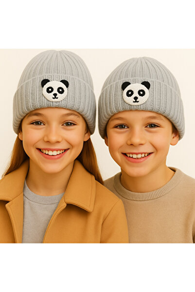 byebruketenci Beretă gri pentru copii cu model panda - Detaliu perforat
