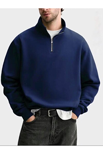 SELENA BUTİK Μπλε μπλέ φούτερ Unisex με ασημί γιακά με φερμουάρ