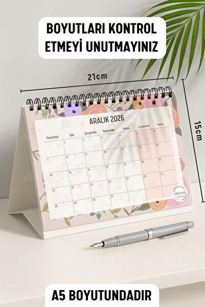 Eldesen Tasarım 2026 Masa Takvimi Spiralli A5 (21X16CM) Büyük Boy / Resmi Tatiller Ve Hafta Sonları / 12 Aylık
