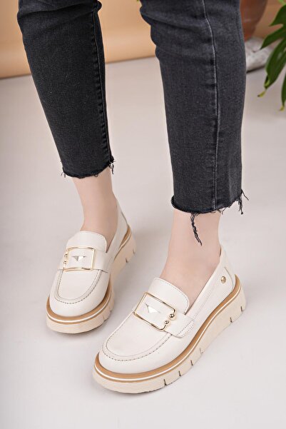 Mammamia D25YA 3760 Krem Hakiki Deri Maskulen Kadın Ayakkabı