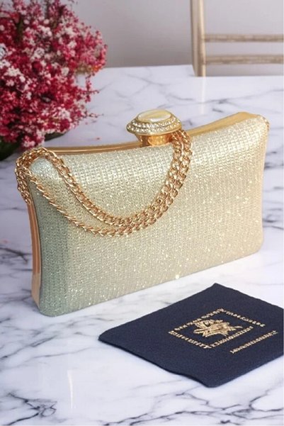 GUİZA Women's Light Gold Color Fabric Evening Dress Bag Evening Dress Stylish Bag Is an Elegant Design