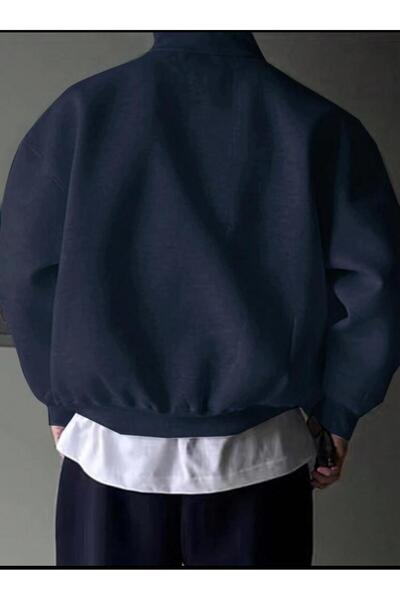 SELENA BUTİK Μπλε μπλέ φούτερ Unisex με ασημί γιακά με φερμουάρ