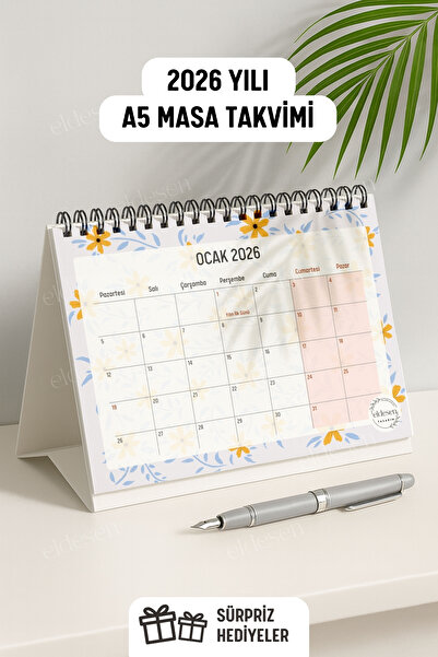 Eldesen Tasarım 2026 Masa Takvimi Spiralli A5 (21X16CM) Büyük Boy / Resmi Tatiller Ve Hafta Sonları / 12 Aylık