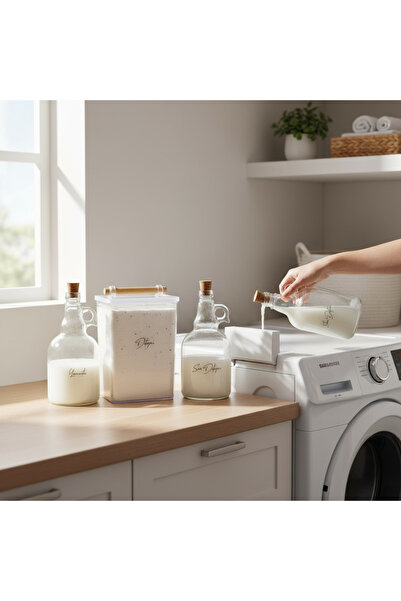 zezedesing Ahşap Kulplu Deterjan Kavanozu 2000ML-Mantar Kapaklı Sıvı Deterjan ve Yumuşatıcı Şişesi 1000ML