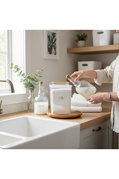 zezedesing Ahşap Kulplu Deterjan Kavanozu 2000ML-Mantar Kapaklı Sıvı Deterjan ve Yumuşatıcı Şişesi 1000ML