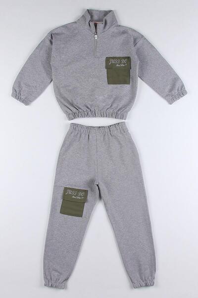 zepkids Hakim Collar Long Sleeve Gray Melange Color Girl's Tracksuit Set