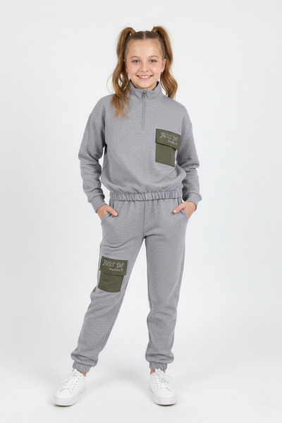 zepkids Hakim Collar Long Sleeve Gray Melange Color Girl's Tracksuit Set