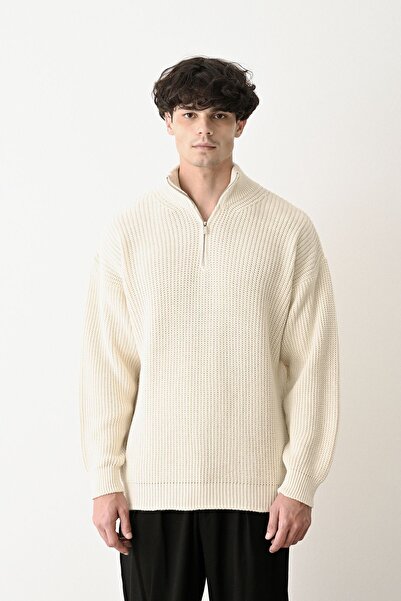 İLKCET MODA Πουλόβερ με φερμουάρ, κρεμ γιακά, βασικό oversize πουλόβερ