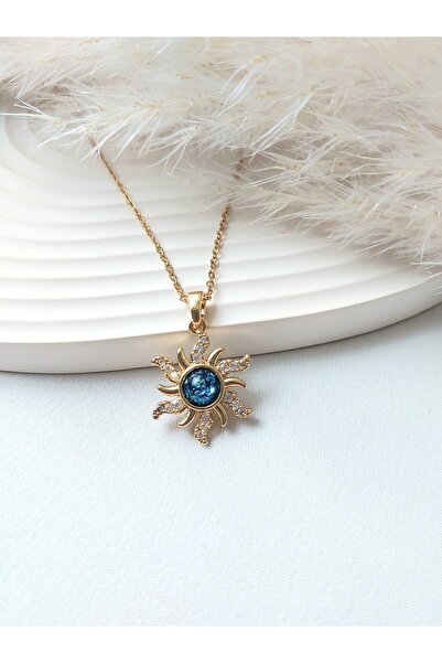 Alexis Carrel Zirkon Taşlı Vintage Mavi Opal Taş Detaylı Güneş Kolye, Paslanmaz Çelik Kolye