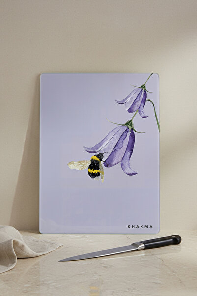 KHAKMA Beeblossom Glass Cutting Board – 25X35 cm |   Minimal Bee & Flower Patterned |   Tempered Glass