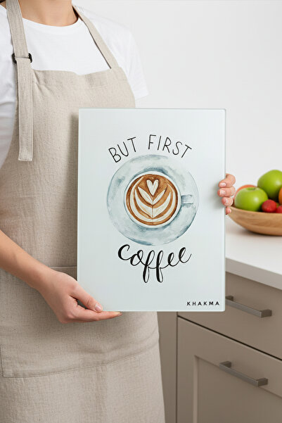 KHAKMA Coffeemood Glass Cutting Board – 25X35 cm |   Tempered Glass with the Design of'But First Coffee'