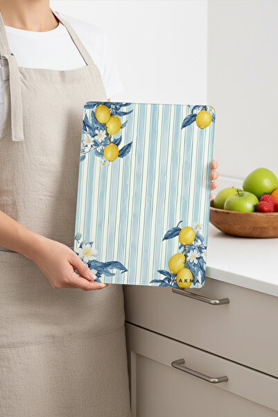 KHAKMA Lemonstripe Glass Cutting Board – 25X35 cm |   Striped Blue Background Lemon Flower Pattern |   Tempered Glass