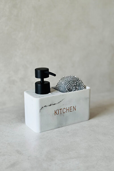 Dekorzdükkan Marble Patterned Polyresin Soap Dispenser and Sponge (Kıtchen Printed)