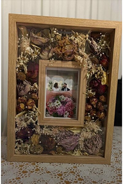 Home Emass Kuru Çiçek Çerçevesi Gelin Çiçeği 40x30 Safir Meşe Pleksi Camlı